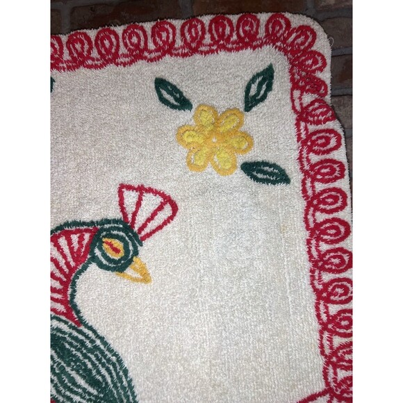 Vintage Chenille Peacock Rug Red Green Yellow White ~ 30”x55” 40-50’s Mod - Picture 3 of 16
